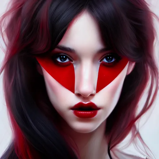 Image similar to a realistic illustration portrait of a beautiful cute girl with wavy black and red hair, a pointy nose and, round chin black eyeliner, trending on artstation, hyper - realistic lighting, intricate, ross tran, realistic hair