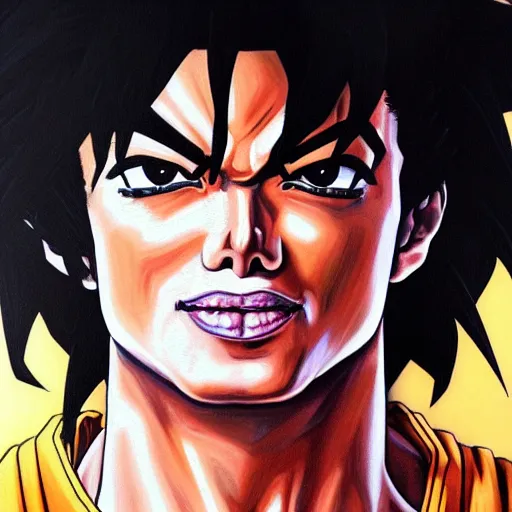 Prompt: ultra realistic portrait painting of michael jackson as super saiyan goku, art by akira toriyama, 4 k, dragon ball artstyle, cel shaded, highly detailed, epic lighting