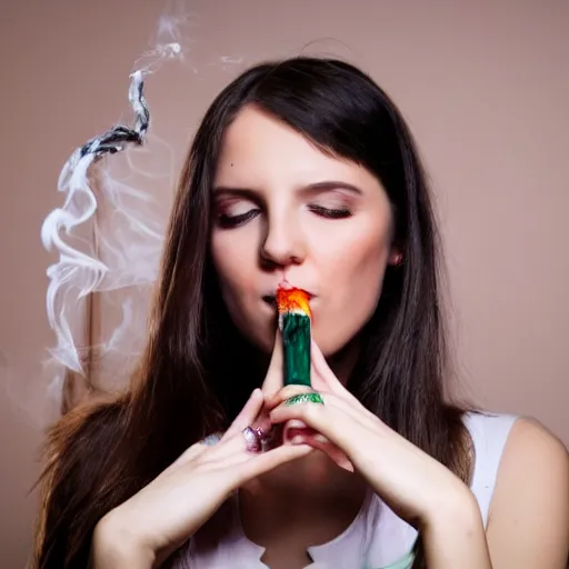 Prompt: pretty girl smoking a dab of concentrates and blowing a heart-shaped smoke ring