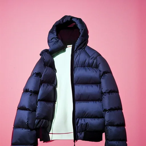 Prompt: realistic! photo of a balenciaga puffer jacket, color film photography, 35mm