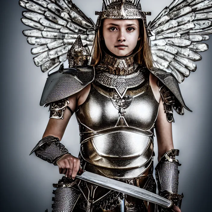 Prompt: photo of an angel warrior queen wearing diamond encrusted armour, highly detailed, 4 k, hdr, smooth, sharp focus, high resolution, award - winning photo