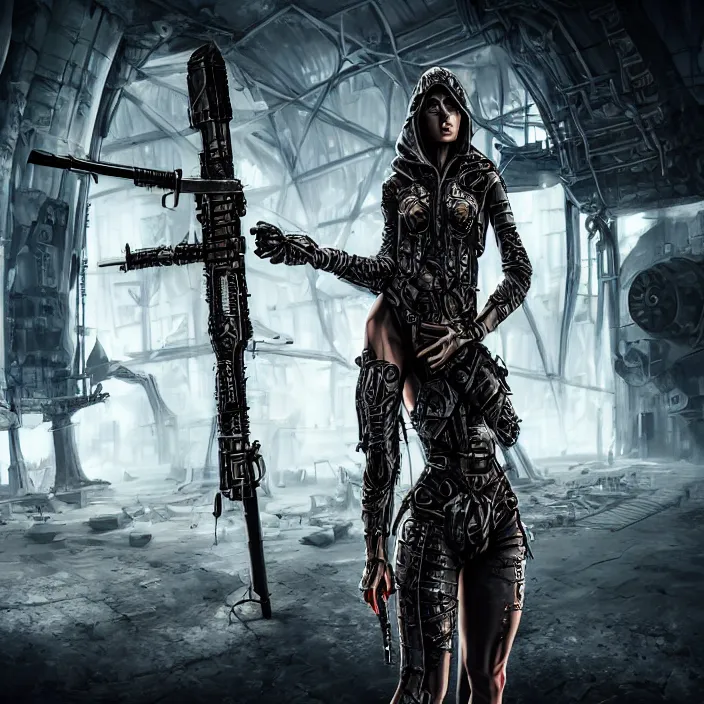 Image similar to apocalyptic woman in hood standing in hall of machinery and weaponry, hyper - detailed, smooth, sharp focus, 4 k ultra hd, fantasy dark art