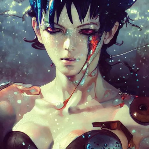 Prompt: painting of an anime punk cyborg woman, water particles floating in the air, finely detailed facial features, weathered drawing, film grain, painted art by tsuyoshi nagano, greg rutkowski, artgerm, alphonse mucha, spike painting