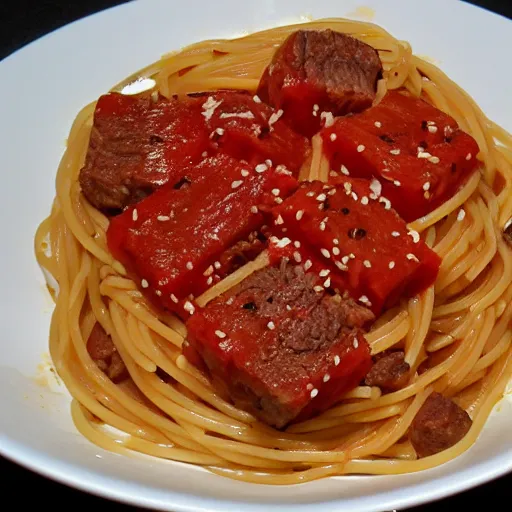 Prompt: spaghetti and meat cubes