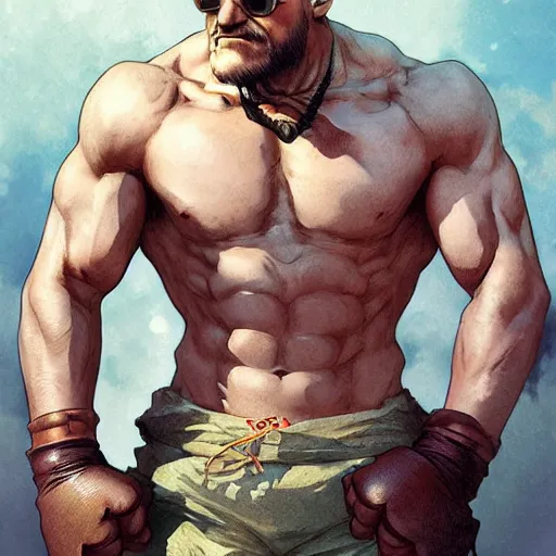 Image similar to mike ehrmantraut as sagat street fighter, 4 k, ultra realistic, detailed focused art by artgerm and greg rutkowski and alphonse mucha