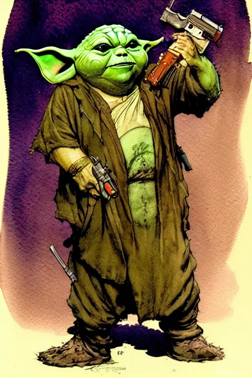 Image similar to a realistic and atmospheric watercolour fantasy character concept art portrait of a fat sleazy homeless chibi yoda wearing a wife beater and holding a handgun, by rebecca guay, michael kaluta, charles vess and jean moebius giraud