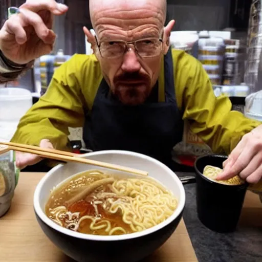 Image similar to Walter White eating a ramen in Seoul.