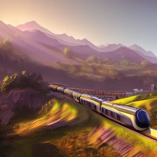 Prompt: futuristic train driving through valley, green hills, matte painting, artstation, sunrise, blue sky