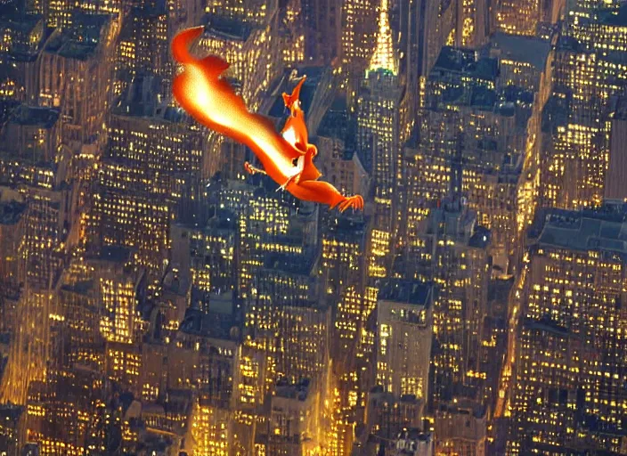 Image similar to charizard flying above new york, film still in the new batman movie, 4 k