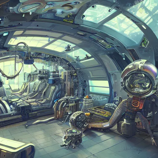 Image similar to the inside of a futuristic mechanic spaceshop coc, highly detailed interior, scrap metal on workbenches, half - finished robot, mechanical bugs in a display case, holographic screen in center frame by peter mohrbacher, trending on artstation, cryengine render, 8 k