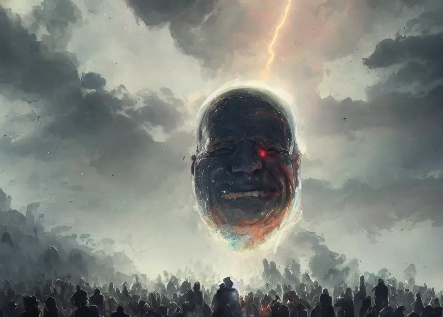 Image similar to large abstract painting of giant grinning evil dynamic low-opacity Joe Biden head emerging from cosmic clouds at giant immense crowd of person army, trending on ArtStation, masterpiece, by Greg Rutkowski, by Ross Tran, by Fenghua Zhong, octane, lightbeam eyes, soft render, clear facial features, oil on canvas,, moody lighting, lights beaming out of eyes, cinematic, professional environment concept art