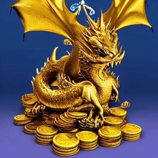 Prompt: giant gold dragon with large eyes on a pile of gold coins