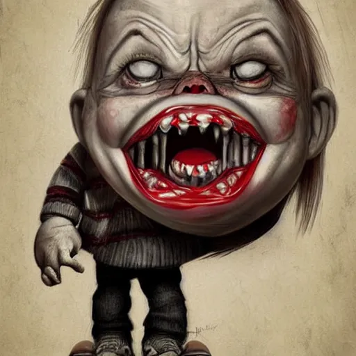 Image similar to surrealism grunge cartoon portrait sketch of chucky with a wide smile and a red balloon, by michael karcz, loony toons style, freddy krueger style, horror theme, detailed, elegant, intricate