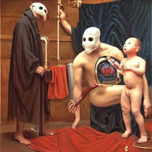 Prompt: hyperrealism oil painting of a handsome man, strong jaw, symmetrical, sitting in a gilded throne, tubes coming out of the man's arm, getting a blood transfusion from a baby. plague doctor in the background. in the style of classicalism mixed with retro japanese book art