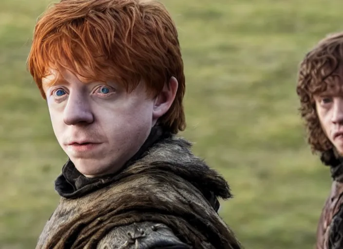 Prompt: hands - on ron weasley as thehnellor in game of thrones, attractive rupert grint as thehnellor in game of thrones, handsome portrait of the actor, live action film, cinematic photo, clear hd image