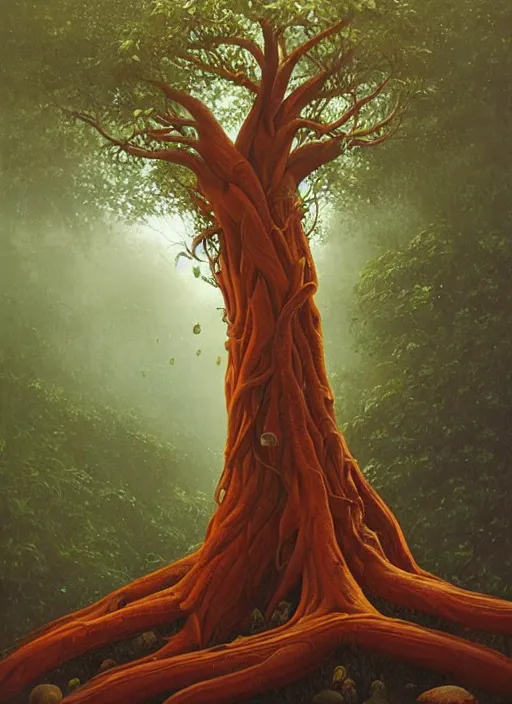 Prompt: ayahuma tree with few small orange fruits looking like an ent, art by christophe vacher