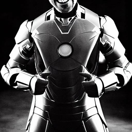 Prompt: B&W outtake of Robert Downey Junior laughing as iron man (2008) 35mm getty