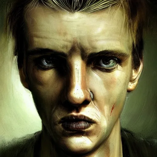 Image similar to surreal portrait of a man by Greg Rutkowski and H.R Giger, symmetrical face, he is about 30 years old, west slav features, short blonde hair with bangs, attractive, smart looking, slim, somewhat androgenic, transformed into a kind of biomechanical transhuman god, disturbing, terrifying but fascinating, with a determined and sinister expression on his face, cosmic void background, frightening, fascinating, highly detailed portrait, digital painting, book cover, artstation, concept art, smooth, sharp foccus ilustration, Artstation HQ