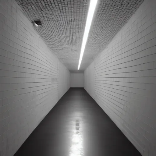 Prompt: A long, dark hall; the floor is made of white tiles. The ceiling has a small circular hole in it with faintly glowing stars visible through it at night time. There are no windows or other exits.