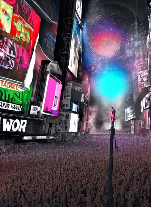 Image similar to pink floyd playing the wall live in a post apocalyptic times square, laser show, realistic, cinematic, 3d render, post produced