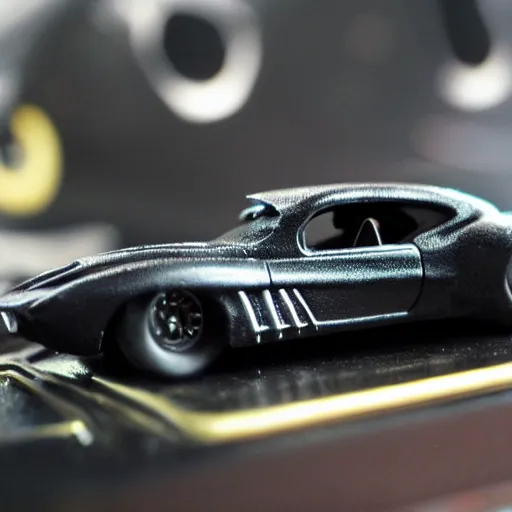 Image similar to 3 5 mm photo of metallic black batman car like hot wheels model with a batcave as background