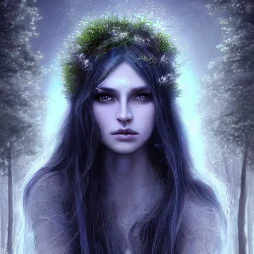 Image similar to masterpiece digital painting realistic portrait of beautiful forest goddess, 3 0 years woman, close face view, soft face, moonlight, elf forest background, at night, by luis royo, artstation, deviantart, unreal engine,, cinematic lights, dark blue purple tones, aura effects, light sparks