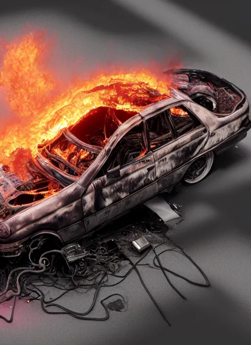 Image similar to a big woman intertwined axolotl in burning wrecked mercedes 1 2 4, ultrafine hyperdetailed illustration by kim jung gi, masterpiece. rendered in blender, ultra realistic, smooth shadows, ultra detail, high resolution, cinematic, unreal 6, 8 k