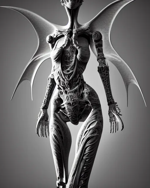 Image similar to a black and white 3D render of an elegant full figure young female angelic-dragon-cyborg with a very long neck, Mandelbrot fractal, anatomical, flesh, facial muscles, veins, arteries, full frame, microscopic, highly detailed, flesh ornate, elegant, high fashion, rim light, 150 mm lens, octane render in the style of H.R. Giger and Man Ray, Realistic, Refined, Digital Art, Highly Detailed, Cinematic Lighting, rim light, photo-realistic Unreal Engine, 8K