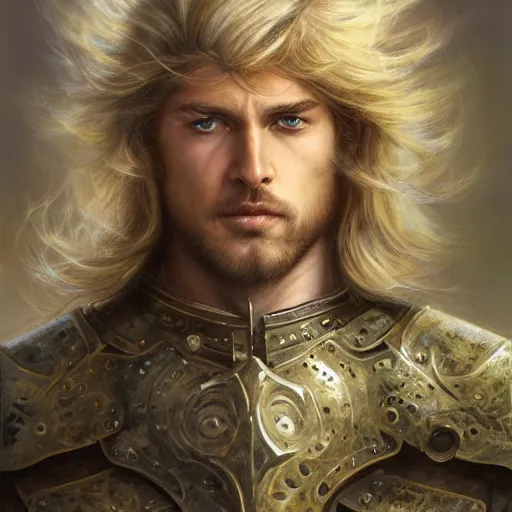 Image similar to portrait, handsome long - haired male fantasy paladin in shining armor on an armored horse, blond, rpg game, stern expression, main character, detailed, digital painting, artstation, sharp focus, illustration, artgerm, tomasz alen kopera, peter mohrbacher, donato giancola, joseph christian leyendecker, wlop, frank frazetta