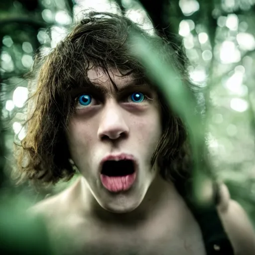 Image similar to macro face shot, teenage boy, around 1 9 years old with necklace, natural brown hair, loincloth, pale skin, detailed face. screaming in ominous and eerie looking forest. natural colors. realistic photo.