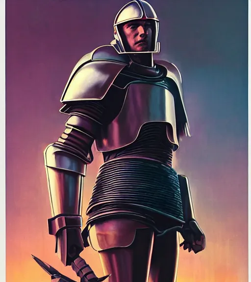 Image similar to a large cyberpunk paladin in rounded heavy plate armor with large shoulder pads and a spartan helmet and a very large circle shield he is holding a large spear in a cyberpunk setting, 1 9 2 9 omni magazine cover, style by vincent di fate, artgerm, cyberpunk 2 0 7 7, very coherent, detailed, 8 k resolution, unreal engine, daz