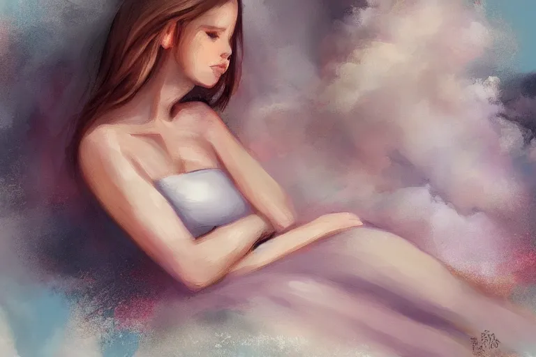 Image similar to a cute beautiful girl sitting on a cloud relaxing, digital painting, portrait