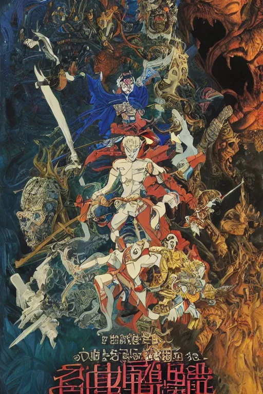 Image similar to Movie poster of Ghouls and Ghosts, Highly Detailed, Dramatic, A master piece of storytelling, wide angle, cinematic shot, highly detailed, cinematic lighting, by ilya repin + Hideaki Anno + Katsuhiro Otomo +Rumiko Takahashi, 8k, hd, high resolution print