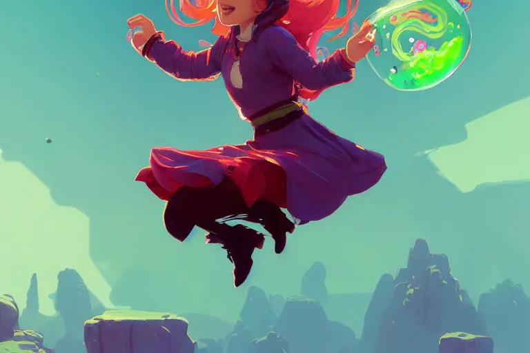 Image similar to madeline from celeste jumping to a green jelly bubble, blue bubble jacket red long hair, highly detailed, digital painting, artstation, concept art, sharp focus, illustration, art by greg rutkowski and alphonse mucha