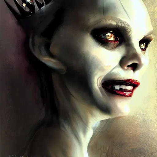 Prompt: portrait of Michelle Pfeiffer as evil vampire queen shoeing her sharp teeth wearing a dark crown by Tom Bagshaw and Guy Denning, rim light