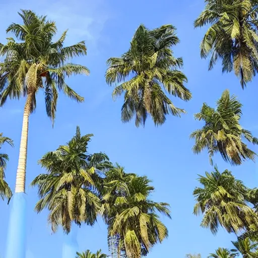 Prompt: surreal palm trees detached trunks floating floating floating in blue sky, random positions floating, flying