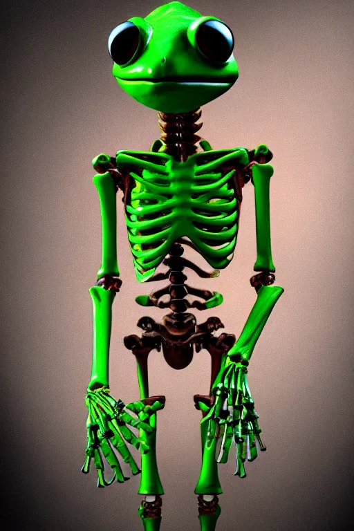 Image similar to movie poster of kermit the terminator, chromatic humanoid skeleton frog skeleton hybrid, robot, ultra realistic, cinematic lighting hd photography,