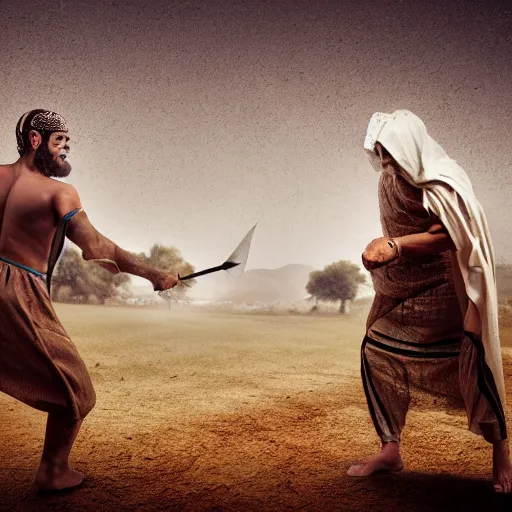 Prompt: photographic portrait of angered Mediterranean skinned man in ancient Canaanite clothing fighting a Mediterranean skinned in ancient clothing, farm field background, sharp detail, hyper realistic, foggy atmosphere, intense facial expression, octane render