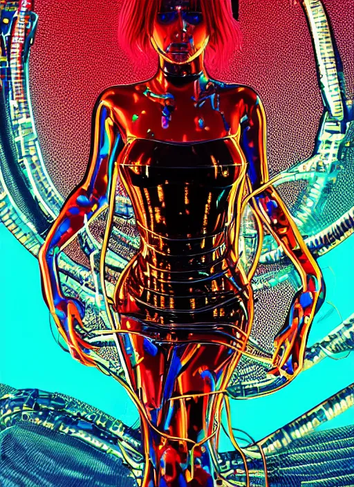 Image similar to extreme long shot, kodachrome, melting face, cyberpunk 2 0 y. o model girl, black reflect robe, wrapped in wires and piones, clear blue sky vintage style, looking straight ahead, in the style of yayoi kusama, lineart, artstation