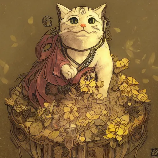 Prompt: A cute maneki neko, flowers around, D&D, fantasy, intricate, cinematic lighting, highly detailed, digital painting, artstation, concept art, smooth, sharp focus, illustration, art by Akihiko Yoshida, Greg Rutkowski and Alphonse Mucha