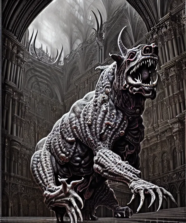 Image similar to hyperrealistic mixed media painting of Behemoth from the book of Job in the Bible, stunning 3d render inspired art by P. Craig Russell and Barry Windsor-Smith + perfect facial symmetry + dim volumetric lighting, ornate gothic silver platemail, dizzy, full body, 8k octane beautifully detailed render, post-processing, extremely hyperdetailed, intricate, epic composition, grim yet sparkling atmosphere, cinematic lighting + masterpiece, trending on artstation, very very detailed, masterpiece, stunning