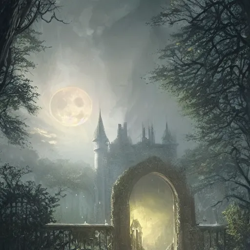 Prompt: a hidden gate in the trees, victorian setting, dramatic light, castle background, clouds, moon, storm, night, high detail, fantasy background, painted by greg rutkowski, digital art, trending on artstation