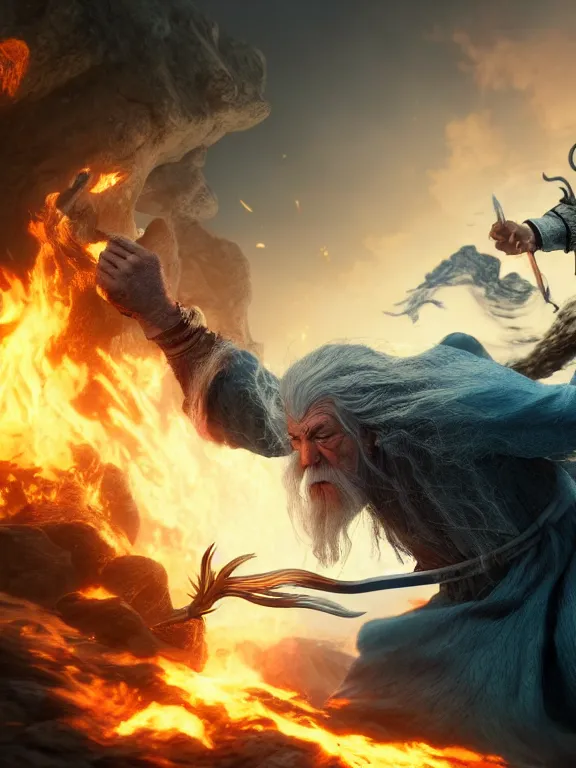 Image similar to photo of 8k ultra realistic Gandalf fighting the balrog, full of colour, cinematic lighting, battered, trending on artstation, 4k, hyperrealistic, focused, extreme details,unreal engine 5, cinematic, masterpiece, art by studio ghibli