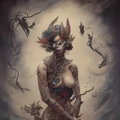 Prompt: ultra realistic, beautiful mixed woman with tattoos, wearing a kimono, japanese inspired, in the style of peter mohrbacher by weta digital and beth cavener, intricate, masterpiece, award winning, intricate