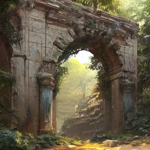 Image similar to concept art painting of an ornate ancient stone archway, in the woods, realistic, detailed, cel shaded, in the style of makoto shinkai and greg rutkowski and james gurney