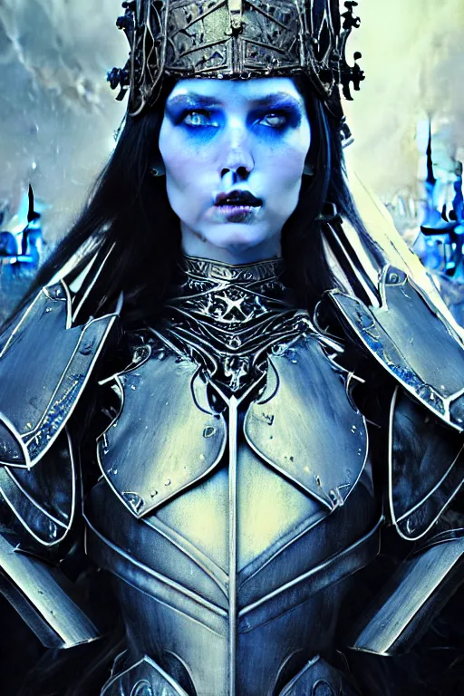 Prompt: beautiful luxury and gothic and victorian and evil medieval female blue & white armor knight portrait+smoky eyes+light flowing hair, in ruin gothic cathedral, ultradetail face, art and illustration by tian zi and craig mullins and WLOP and alphonse mucha, fantasy, intricate complexity, human structure, fantasy world concept, watermark, blurry, hyperrealism 8k