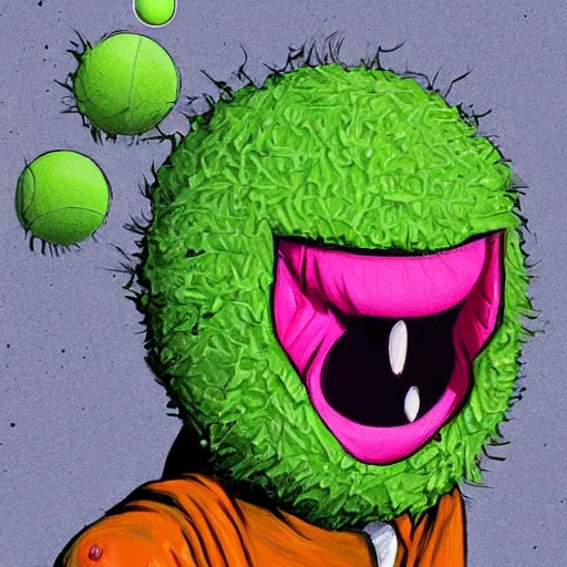 Prompt: a tennis ball monster is a super hero, digital art, fantasy, magic, chalk, trending on artstation, ultra detailed, professional illustration by basil gogos