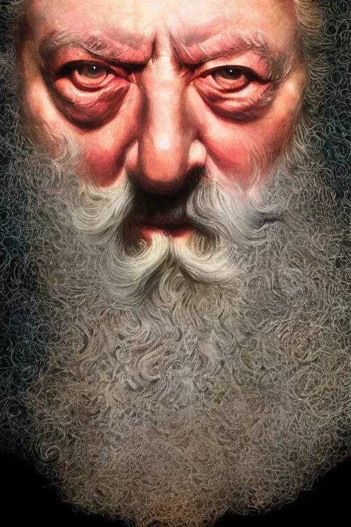 Image similar to a close-up portrait of Alan Moore, dramatic backlighting, golden hour, autochrome, high contrast, highly detailed, sharp focus, digital painting, concept art, illustration, rock, chiaroscuro, trending on artstation, art by lou romano, dice tsutsumi, Steven Stahlberg