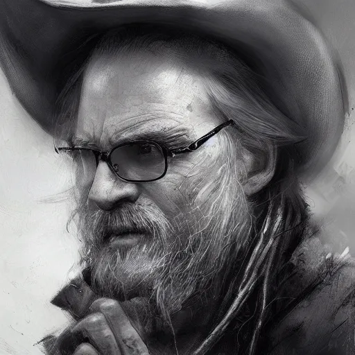 Image similar to portrait of a man with a long duster, almost grey hair and a cowboy hat, harsh good looking face, drawn by Ruan Jia, fantasy art, dramatic lighting, digital art,highly detailed