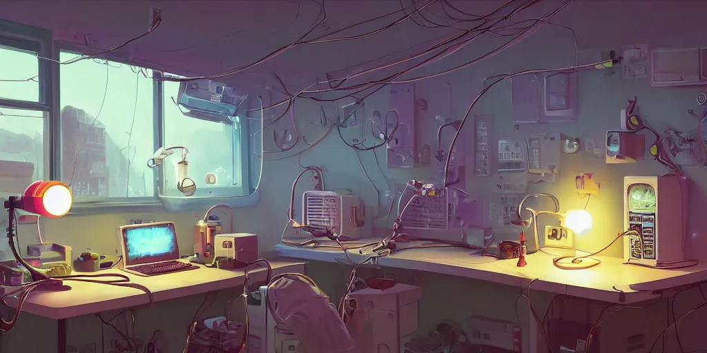 Image similar to cozy 9 0 s bedroom retrofuturism, cluttered, wires everywhere, computer, window, at night, lit only by the luminescent computer screen, dramatic lighting, alien technology, detailed by simon stalenhag